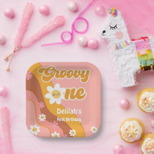 Groovy 1 retro vintage eerste verjaardag papieren bordje