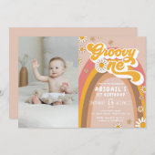 Groovy 1st Birthday Photo Invitation Kaart (Voorkant / Achterkant)