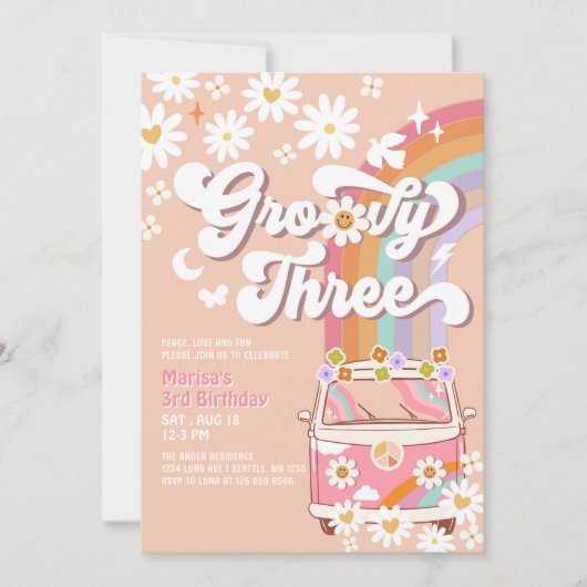 Groovy 3e verjaardag met roze madeliefje en regenb kaart (Voorkant)