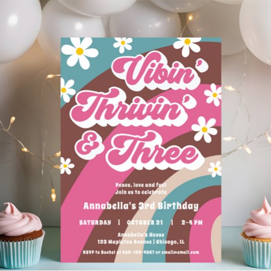 Groovy 3e verjaardag Vibin' Thrivin' THREE retro Kaart