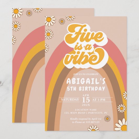 Groovy 5th Birthday Hippie Invitation Kaart (Voorkant / Achterkant)