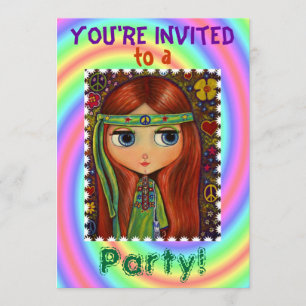 Groovy '60 / '70 Hippie Chick Party Invitation Kaart