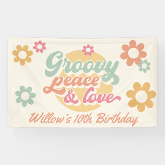 Groovy 60's 70's Bloemen Verjaardagsfeestje Elke L Spandoek (Horizontaal)