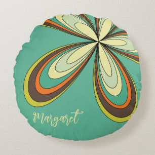Groovy 60s 70s Hippie Bloem Turquoise Daisy Naam Rond Kussen