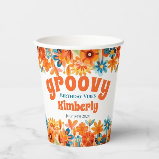 Groovy 60's 70s Vibe Floral Retro Verjaardag Papieren Bekers (Voorkant)
