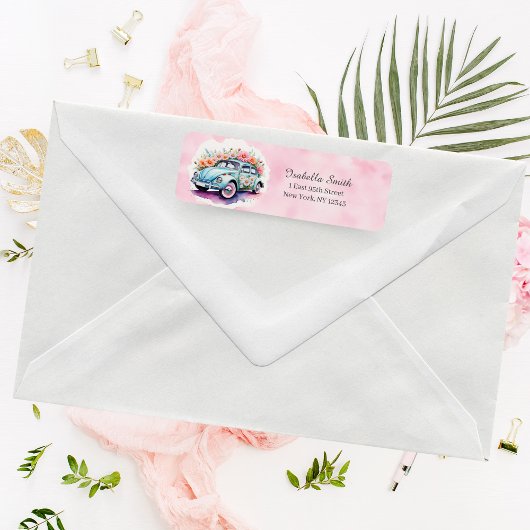 Groovy 60's Bug Car met Daisies Retouradres Etiket