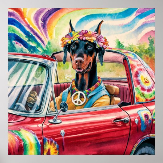 Groovy 60s Dobermann in Red Cabrio Poster (Voorkant)