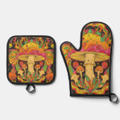 Groovy 60s Psychedelic Retro Mushroom Hippie Ovenwant & Pannenlap Set (Voorkant)