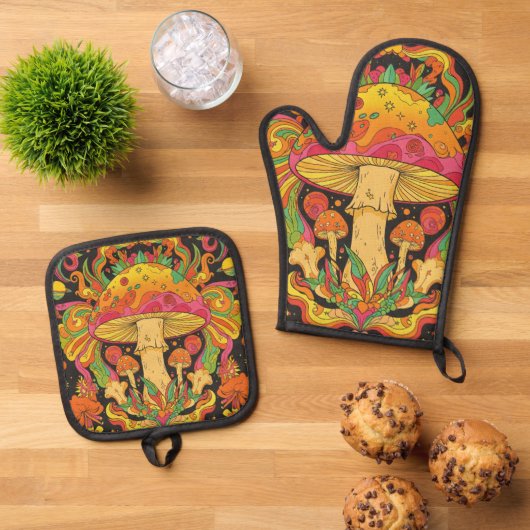 Groovy 60s Psychedelic Retro Mushroom Hippie Ovenwant & Pannenlap Set (Top down)