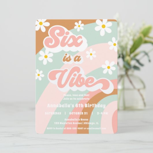 Groovy 6e verjaardag Zes is een Vibe retro daisy Kaart (Staand voorkant)