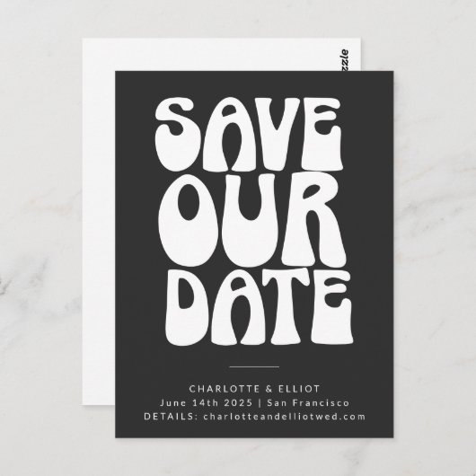 Groovy 70s Black White Simple Save the Date Briefkaart (Voorkant / Achterkant)