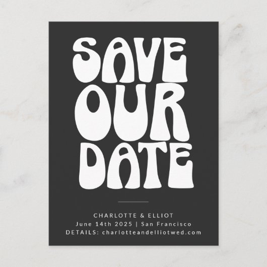 Groovy 70s Black White Simple Save the Date Briefkaart (Voorkant)