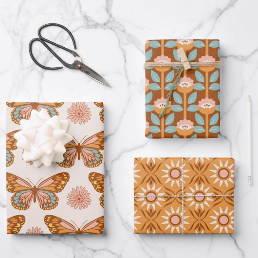 Groovy 70's Butterflies, Flowers en Geometric Inpakpapier Vel (Voorkant)