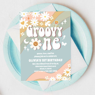 Groovy 70s Daisy Eerste Verjaardagsuitnodiging Kaart