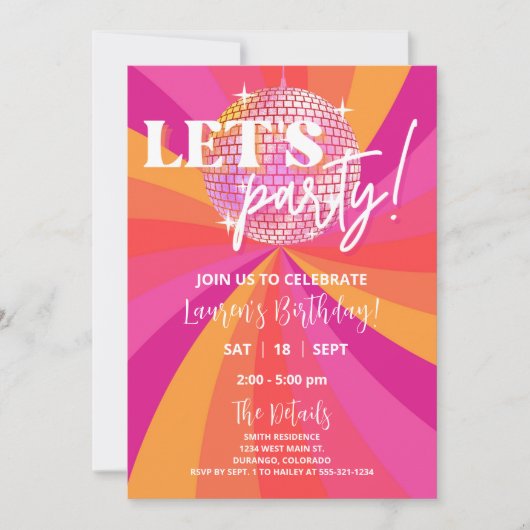 Groovy 70s Disco Birthday Party Invitation, SARA Kaart (Voorkant)