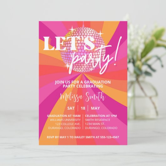 Groovy 70s Disco Graduation Party Invitation, SARA Kaart (Staand voorkant)