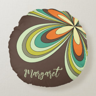 Groovy 70s Hippie Bloem Bruin Retro Daisy Naam Rond Kussen