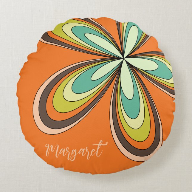 Groovy 70s Hippie Bloem Sinaasappel Retro Madelief Rond Kussen (Voorkant)