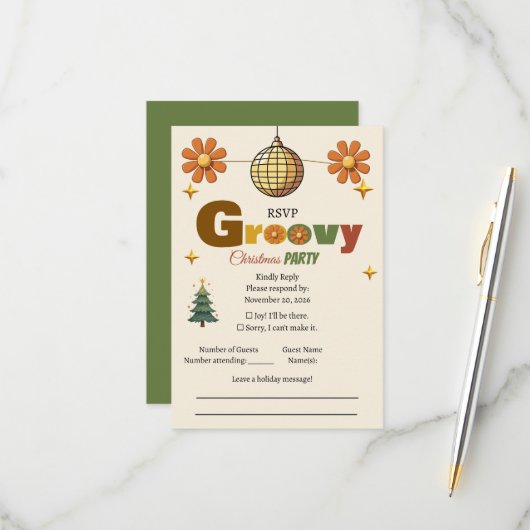 Groovy 70s Kerstfeest  RSVP Kaartje (Voorkant / Achterkant in situ)