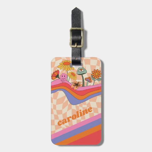 Groovy 70s Paddenstoel Bloem Gepersonaliseerde Per Bagagelabel (Voorkant verticaal)