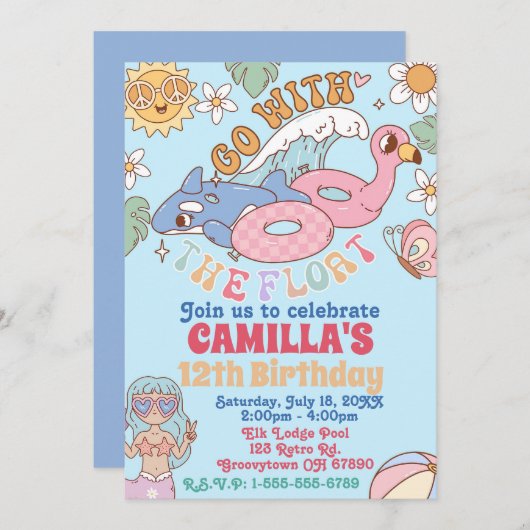 Groovy 70s Pool Party Verjaardag uitnodiging (Voorkant / Achterkant)