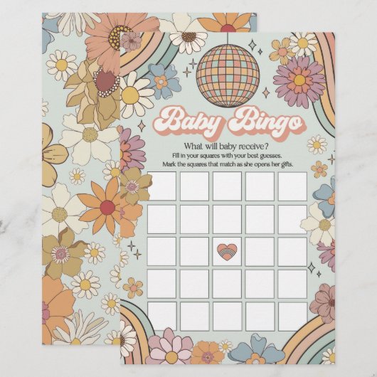 Groovy 70s retro baby shower spel baby bingo (Voorkant / Achterkant)