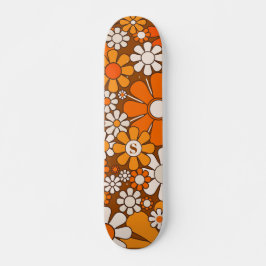 Groovy 70s Retro Flowers Bruin & Sinaasappel met I Persoonlijk Skateboard