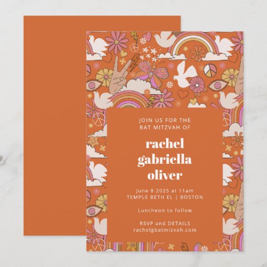 Groovy 70s Retro Hippie Peace Oranje Bat Mitzvah Kaart (Voorkant / Achterkant)