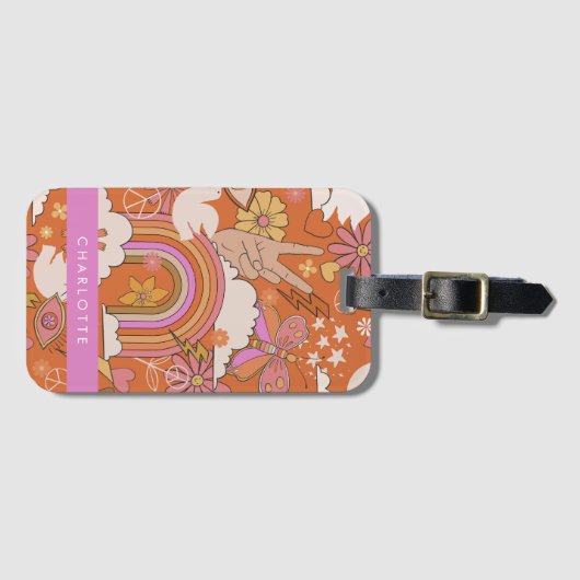 Groovy 70s Retro Hippie Peace Sinaasappel Bohemian Bagagelabel (Voorkant (horizontaal))