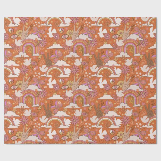 Groovy 70s Retro Hippie Peace Sinaasappel Bohemian Cadeaupapier (Vlak)