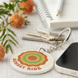 Groovy 70s Retro Zonsondergang Ride Golvende Bloem Sleutelhanger