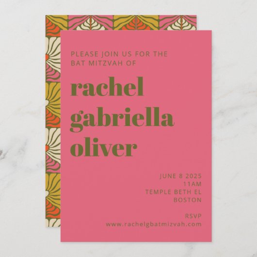 Groovy 70s  roze groene flora bat Mitzvah Kaart (Voorkant / Achterkant)