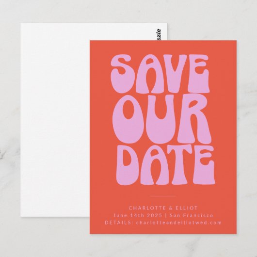 Groovy 70s Roze Oranje Eenvoudig sparen de Datum Briefkaart (Voorkant / Achterkant)