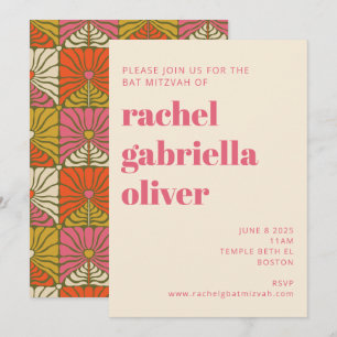 Groovy 70s  Roze Oranje Floral Bat Mitzvah Kaart