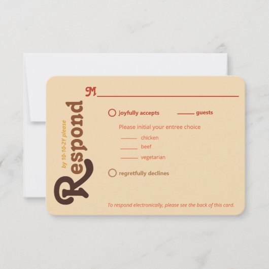 Groovy 70s Sinaasappel Bruin Reageer Trouw RSVP Kaartje (Voorkant)