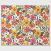 Groovy 70's, Sinaasappel, Roze, & Groene Bloemen Cadeaupapier (Vlak)