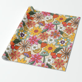 Groovy 70's, Sinaasappel, Roze, & Groene Bloemen Cadeaupapier