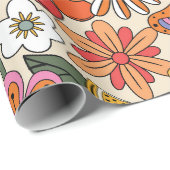 Groovy 70's, Sinaasappel, Roze, & Groene Bloemen Cadeaupapier (Rol Hoek)