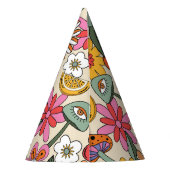 Groovy 70's, Sinaasappel, Roze, & Groene Bloemen Feesthoedjes (Achterkant)