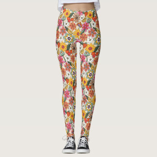 Groovy 70's, Sinaasappel, Roze, & Groene Bloemen Leggings