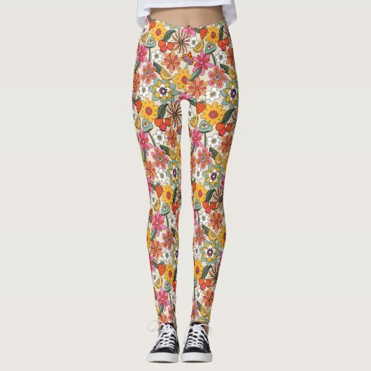 Groovy 70's, Sinaasappel, Roze, & Groene Bloemen Leggings (Voorkant)