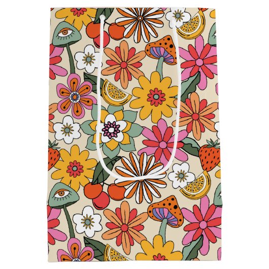 Groovy 70's, Sinaasappel, Roze, & Groene Bloemen Medium Cadeauzakje (Achterkant)