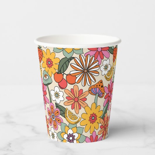 Groovy 70's, Sinaasappel, Roze, & Groene Bloemen Papieren Bekers (Achterkant)