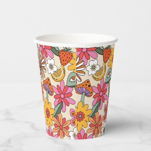 Groovy 70's, Sinaasappel, Roze, & Groene Bloemen Papieren Bekers (Rechts)