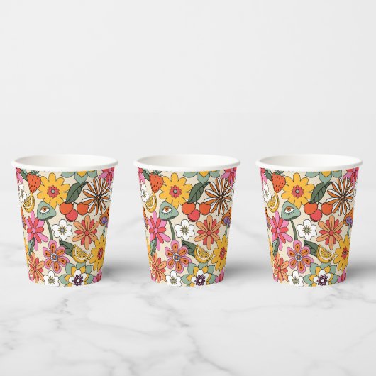 Groovy 70's, Sinaasappel, Roze, & Groene Bloemen Papieren Bekers (Multi)