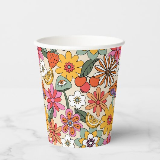 Groovy 70's, Sinaasappel, Roze, & Groene Bloemen Papieren Bekers (Voorkant)