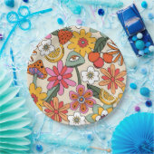 Groovy 70's, Sinaasappel, Roze, & Groene Bloemen Papieren Bordje (Feest)