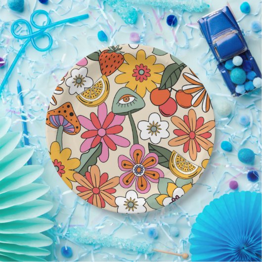 Groovy 70's, Sinaasappel, Roze, & Groene Bloemen Papieren Bordje (Feest)