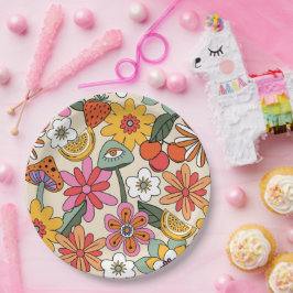 Groovy 70's, Sinaasappel, Roze, & Groene Bloemen Papieren Bordje