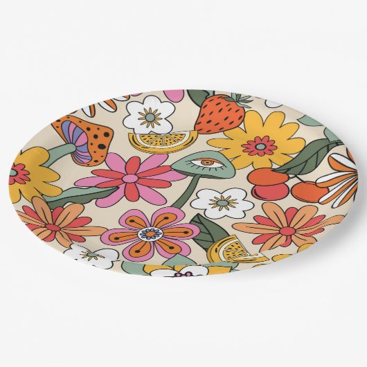 Groovy 70's, Sinaasappel, Roze, & Groene Bloemen Papieren Bordje (Gekanteld)